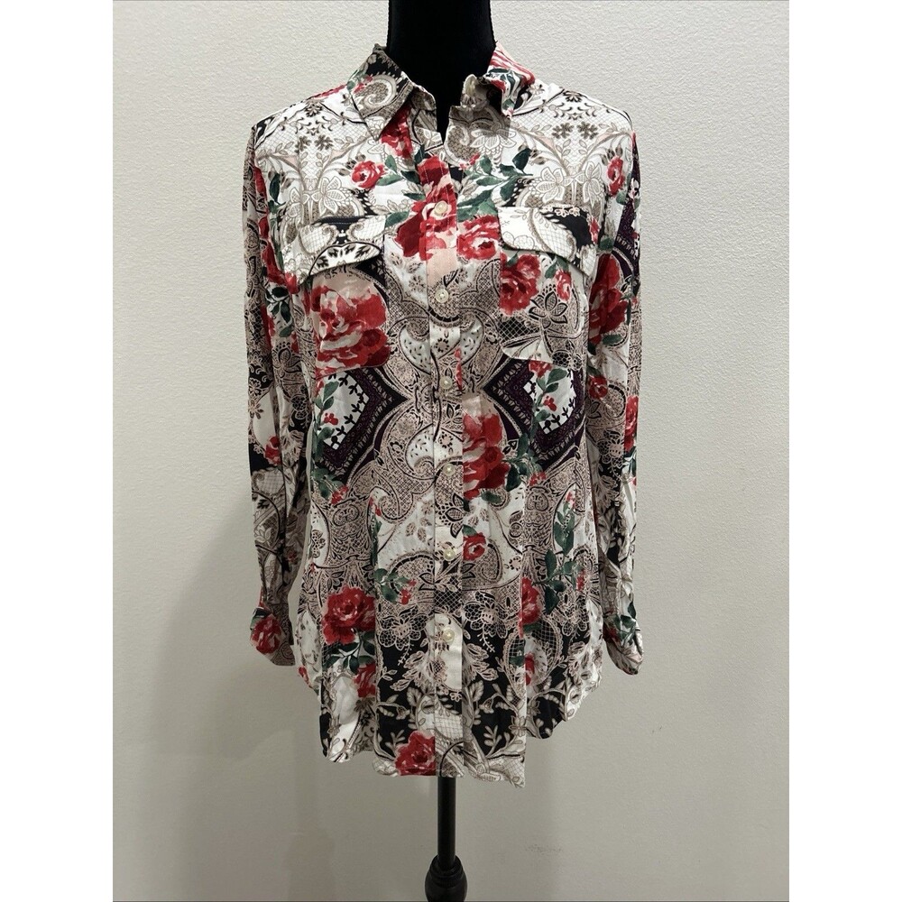 Chicos Sz 1 US 8/10 Blouse Multicolor Floral Paisley Button Up Long Sleeve